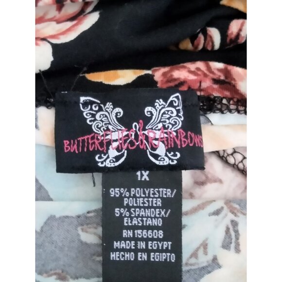 Butterflies & Rainbows Floral Black Dress Size 1X Adjustable Side Drawstrings - Picture 6 of 6